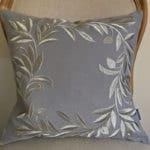 Grey Linen Cushion with Olive Wreath Embroidery